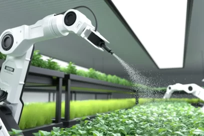 Smart robotic farmer spraying fertilizer on vegetable green plants